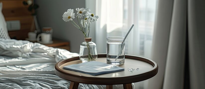 a glass of water with paper and pen on a side table next to a bed in a modern bedroom. with copy space image. Place for adding text or design