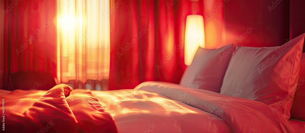 Poster hotel room with double bed in red blurred background. with copy space image. Place for adding text or design
