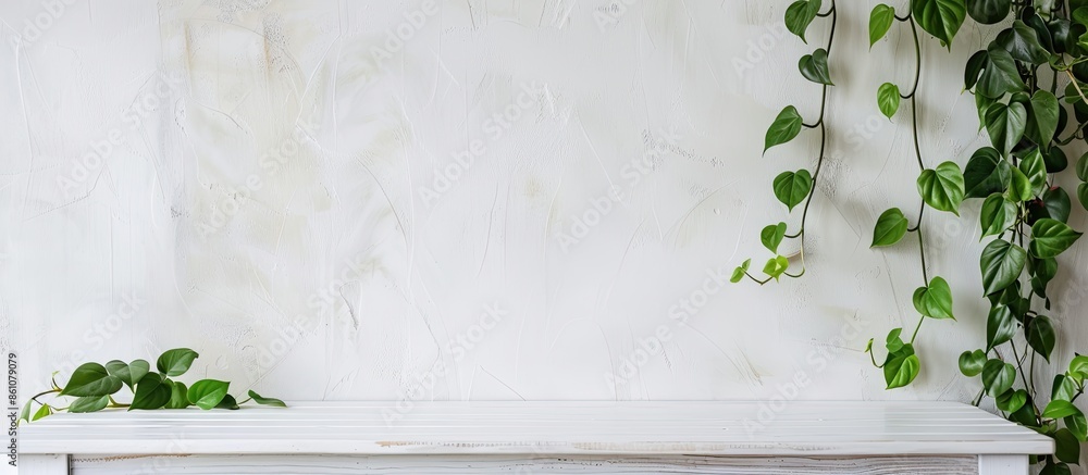 Poster philodendron on white wood table and white wall. with copy space image. place for adding text or des