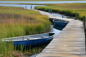 Obraz premium Boats Bob Gently at the Quiet Dock by the Lagoon, a Peaceful Afternoon