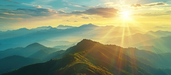 World environment day concept: Sun light and mountain sky of heaven autumn morning background. with copy space image. Place for adding text or design