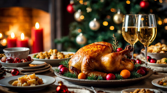 Christmas meal served on the table, Baked turkey with salads cakes and bread on the side with christmas decoration background