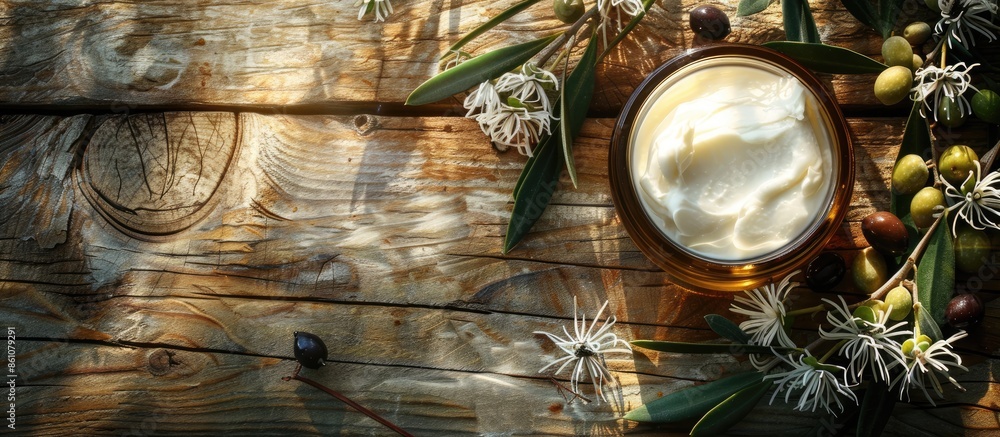 Fototapete serum and moisturizing cosmetic cream with olive extract for skin with branch and olives on wood tab