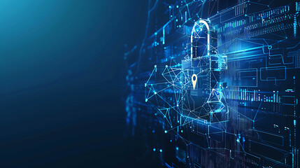 Securing Cyberspace Blue background with digital data protection locker symbolizing cybersecurity technology.