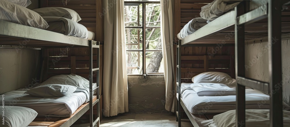 Poster Hostel dormitory beds arranged in room. with copy space image. Place for adding text or design