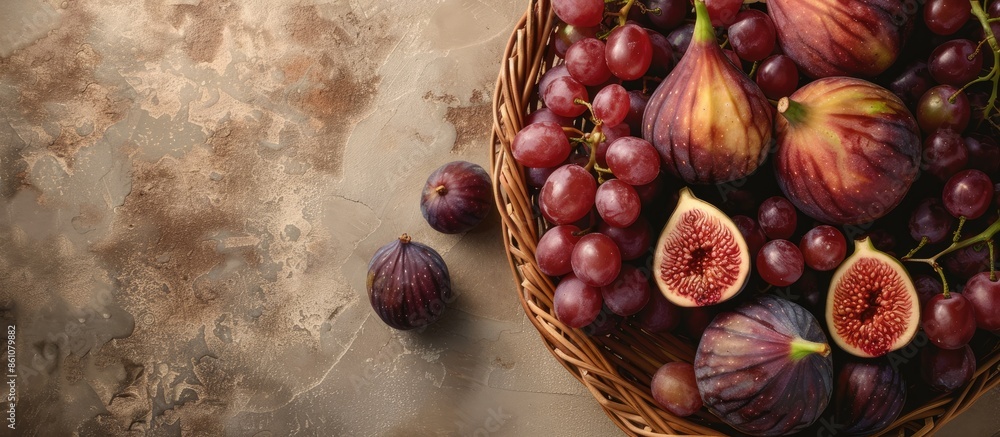 Poster fruit basket. grapes, figs and peaches. copy space image. place for adding text or design