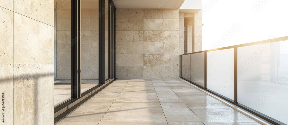 Aufkleber small balcony interior in modern apartment building beige tiled floors and black window frames. copy