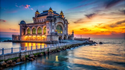 Fototapeta premium Majestic Old Casino building stands proudly solo in Constanta by the Black Sea's serene evening waters, iconic town symbol.
