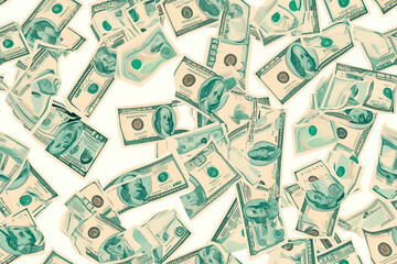 Obraz premium A seamless pattern of scattered US dollar bills in various denominations.