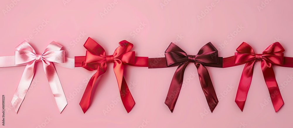 Poster set of beautiful satin red ribbon bow with ribbons isolated on pastel background. copy space image. 