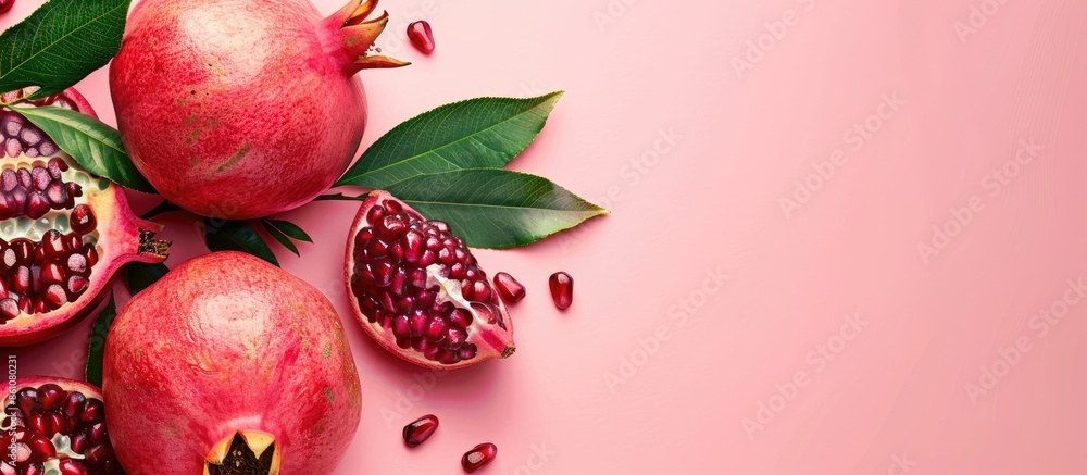 Poster pomegranate fruit pastel background design food isolated. copy space image. place for adding text an