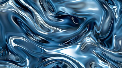 abstract metalic 3D wallpaper with liquid and wavy blue shapes and forms