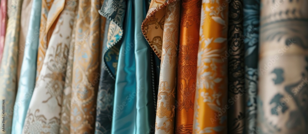 Poster fabrics for tailoring of curtains window. copy space image. place for adding text and design