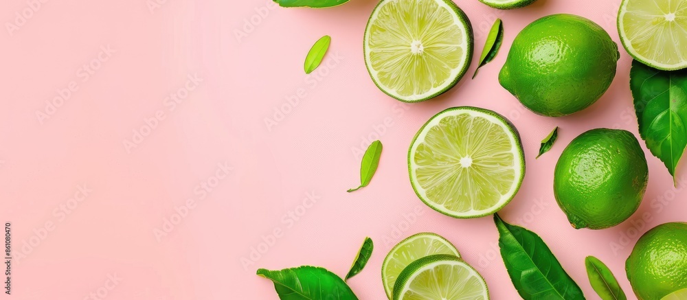 Aufkleber sliced fresh lime fruits with leaves isolated on pastel background. copy space image. place for addi