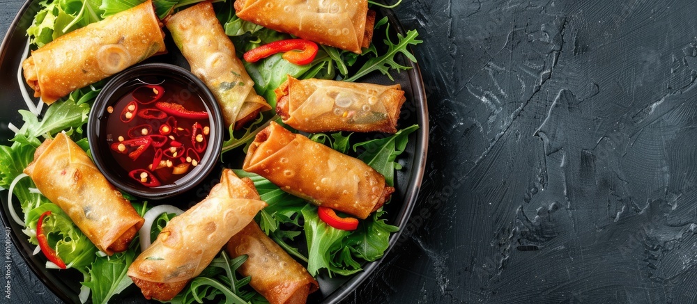 Poster fried spring rolls on a plate with salad, horizontal view from above. copy space image. place for ad