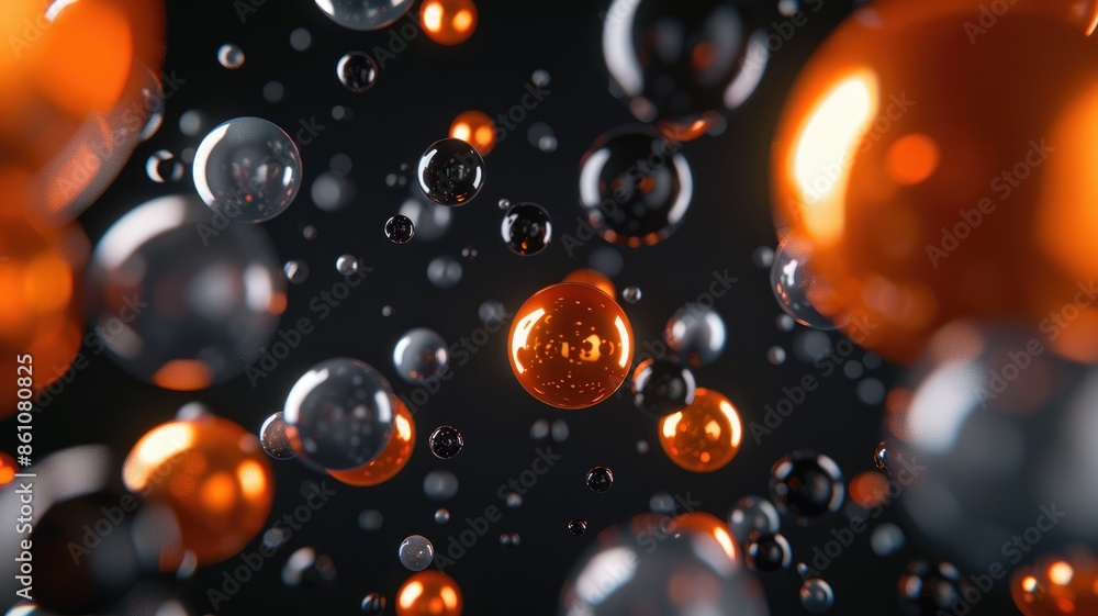 Poster floating orange and black bubbles on a dark background. abstract digital art of orange bubble or sph