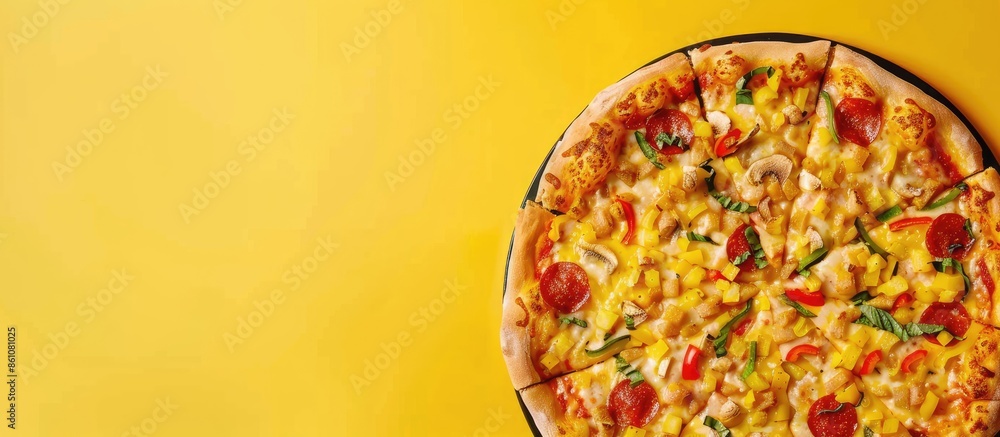 Poster pizza dough with cheese crust isolated on pastel background. copy space image. place for adding text