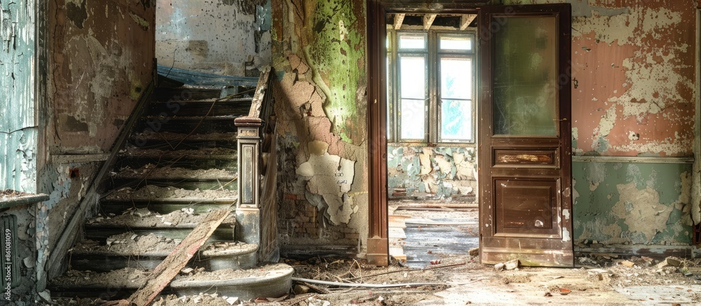 Poster abstract ruines old abandoned house. copy space image. place for adding text and design