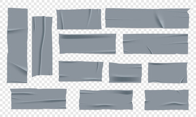 Vector set of 3D realistic silver adhesive tape. Torn pieces of masking tape isolated on transparent background