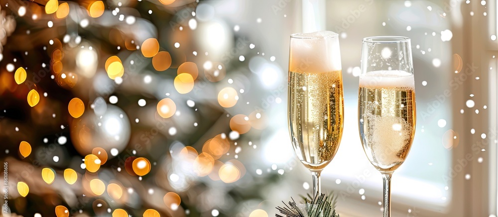 Poster two champagne glasses with snow on defocused background living room with christmas tree. copy space 