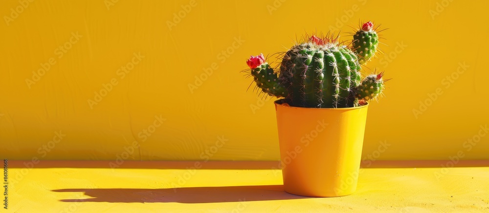 Poster cactus in a pot on yellow background with shadow. studio shot. minimalism. copy space image. place f