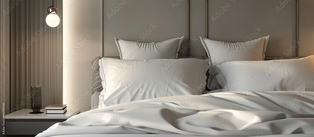 Poster bedroom bed with pillows and bed sheets , bedding linen and bedside table. . copy space image. place