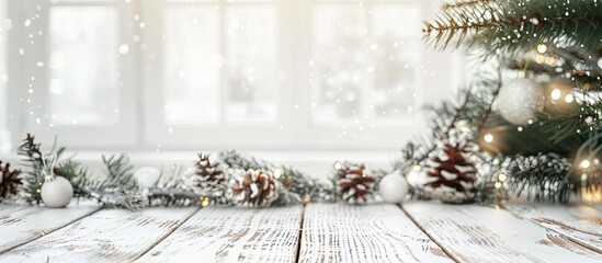 White wooden table of free space and christmas home interior. Copy space image. Place for adding text and design