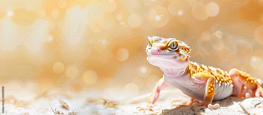 Poster leopard gecko eublepharis macularius in the zoo pastel background. copy space image. place for addin