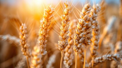Golden wheat field swaying in the breeze at sunset, serene rural scene