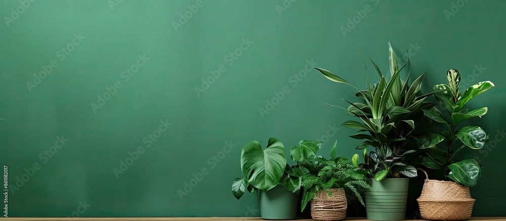 Poster house plants on the green background. copy space image. place for adding text and design