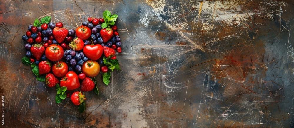 Poster healthy food in heart diet abstract concept. copy space image. place for adding text or design