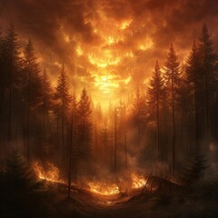 Dramatic forest fire with intense flames and smoky haze at sunset, capturing the destructive power and beauty of nature during a wildfire event.