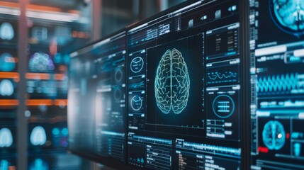 Fototapeta premium A computer monitor displays a digital brain scan with other data, suggesting advanced medical technology.