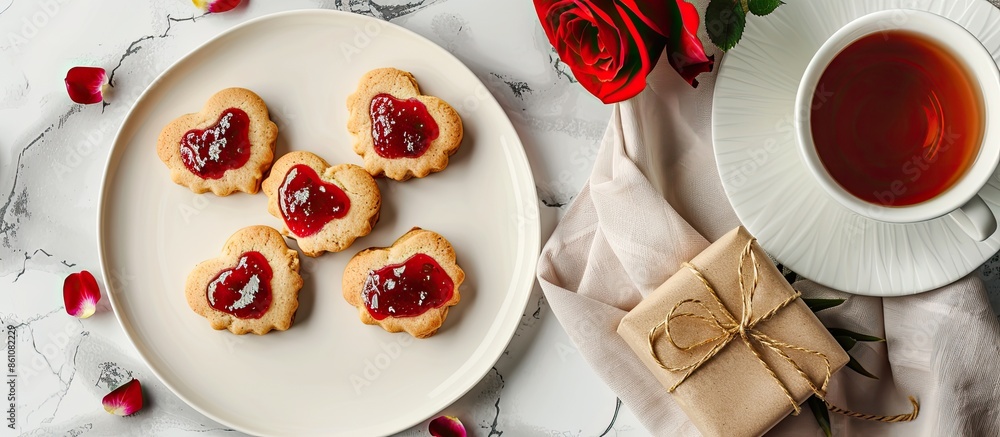 Poster homemade cookies in the form of hearts with red jam on valentine's day. on a marble table with a gif