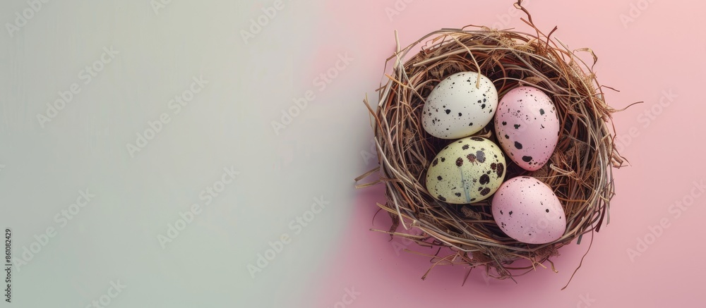 Aufkleber quail easter eggs in a nest on a pastel background food. copy space image. place for adding text and