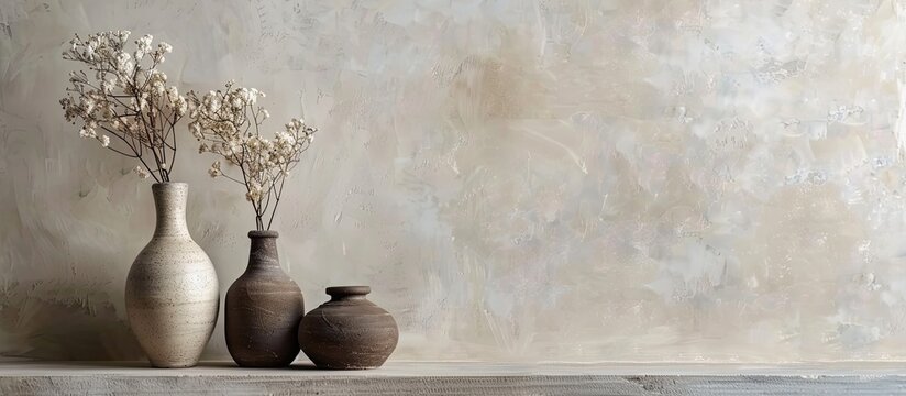 Ceramic handmade vases in a minimalist style on a shelf in the wall. Copy space image. Place for adding text and design