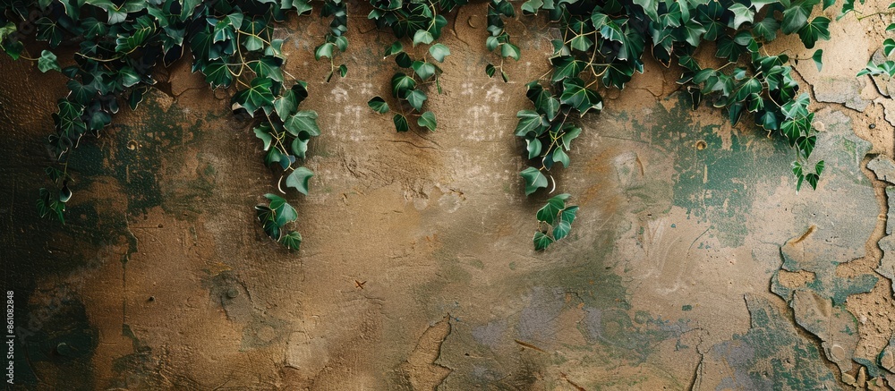 Aufkleber rustic green and bronze ivy. wall plant background. copy space image. place for adding text and desi