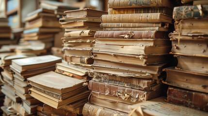 Fototapeta premium Close-up view of piles of old, worn vintage books stacked in a library, showcasing their antique charm and aged textures.