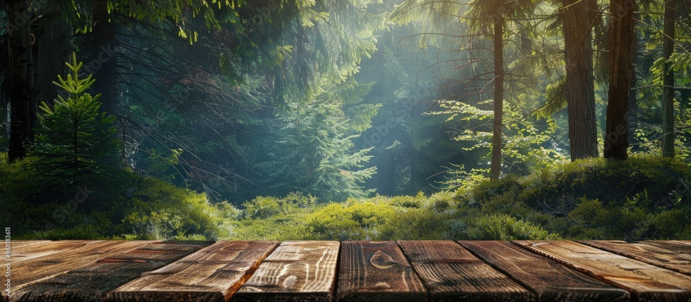 Poster wooden desk and forest. copy space image. place for adding text and design