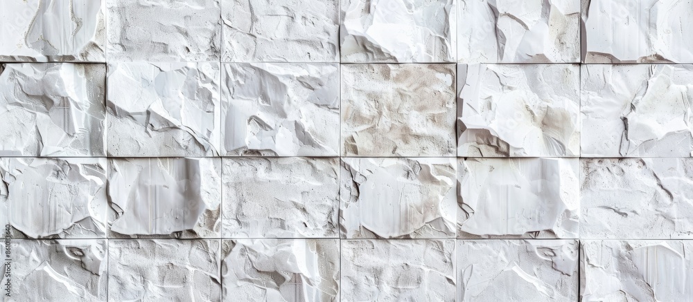 Poster white wall tiles texture with white filling on cement wall. copy space image. place for adding text 