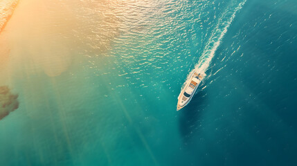 Obraz premium Aerial view of the speed boat in clear blue water at sunset in summer Top view from drone of fast floating yacht in mediterranean sea Travel in Oludeniz Turkey Tropical landscape with : Generative AI