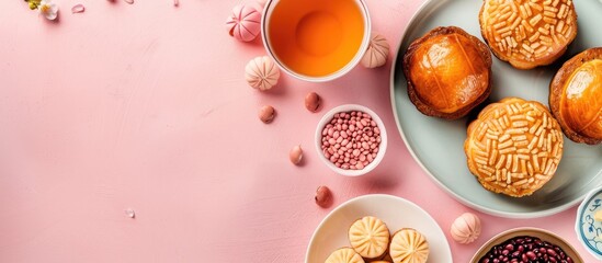 Tea cakes (red beans, mung beans, soybeans), traditional Chinese court cakes, Suzhou snacks (gourmet) pastel background. Copy space image. Place for adding text and design