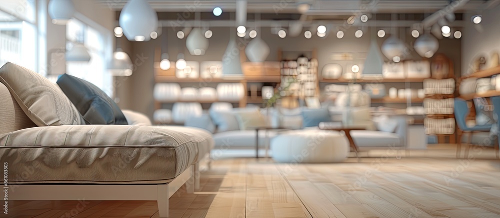 Poster abstract blurred furniture home decor store background. copy space image. place for adding text and 