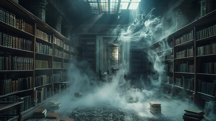 Spooky library with ghostly atmosphere and mysterious shadows lurking around shelves. Concept Halloween Photoshoot, Ghostly Vibes, Mysterious Shadows, Haunted Library, Spooky Atmospher