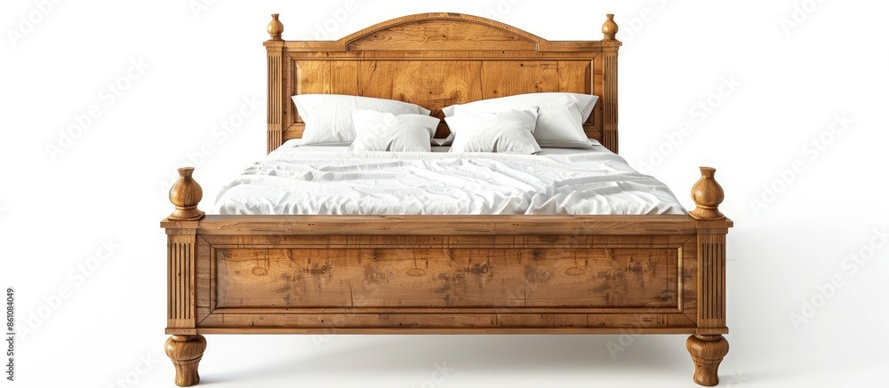 Poster wooden double bed isolated on white background. copy space image. place for adding text and design