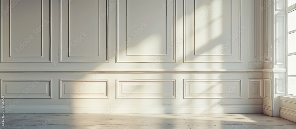 Poster white classic molding in light room with gray matte paneled walls. copy space image. place for addin