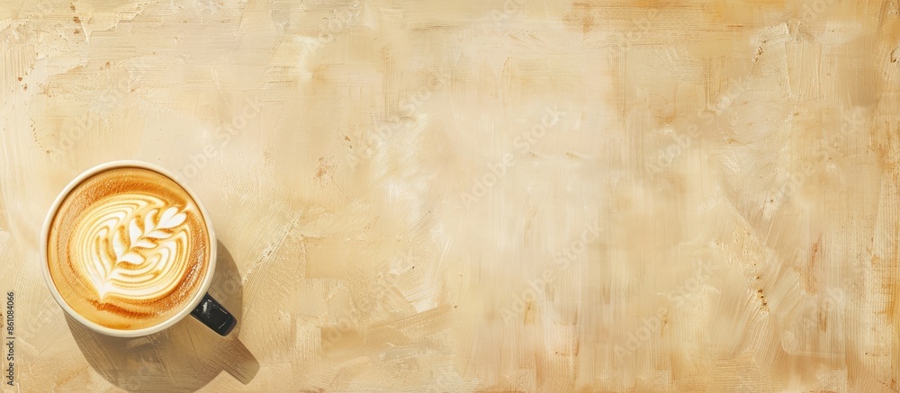 Aufkleber latte art on the wooden table ,top view of a cup of coffee pastel background. copy space image. plac