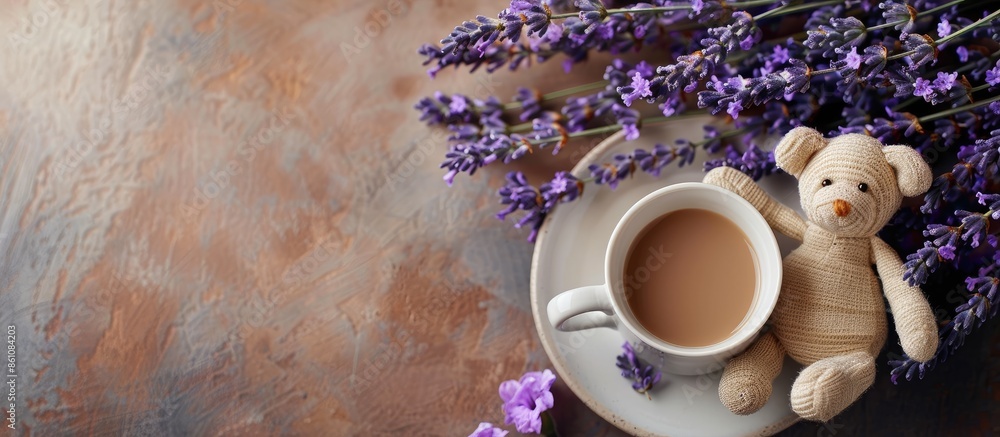 Poster lavender in vast and coffee cup with bear doll. copy space image. place for adding text and design