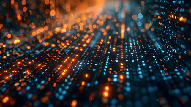 Streaming Binary Code with Depth and Perspective on Dark Background. Concept Binary Code Art, Data Visualization, Dark Background, Streaming Technology, Perspective Depth