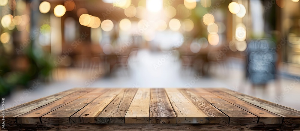 Poster empty wood table in front of blurred background. . copy space image. place for adding text and desig